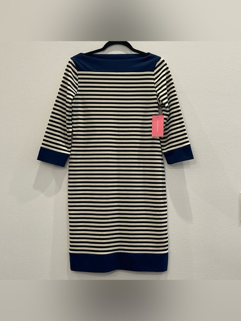 NWT Isaac Mizrahi Boatneck Black & Blue Striped
Knit Midi Dress Nautical Size S